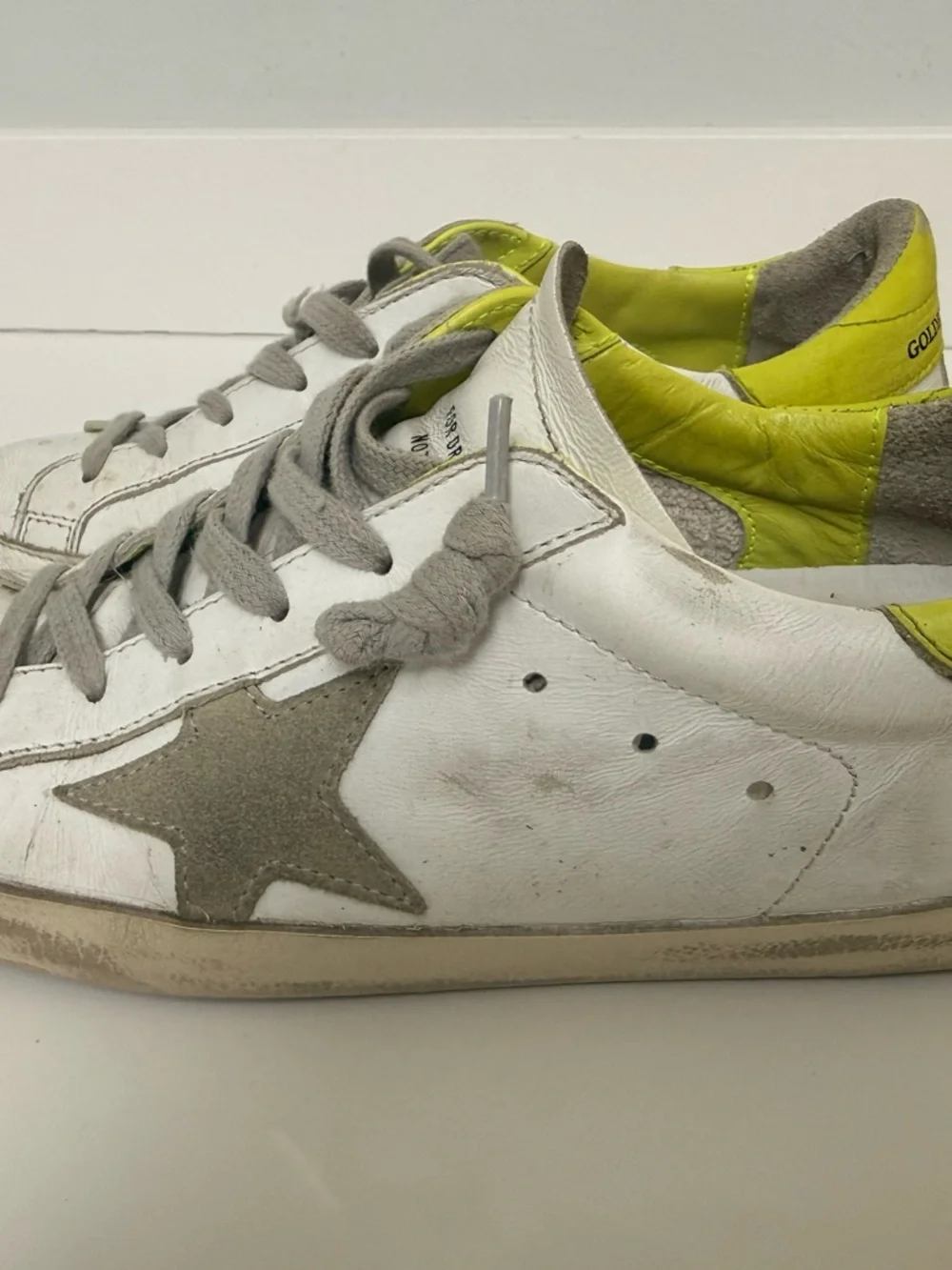 Golden Goose White Leather Sneakers with Neon Yellow Heel - Picture 3 of 6